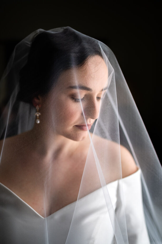 Bride with veil over her face at Franklin Manor B&B in Saranac Lake, New York