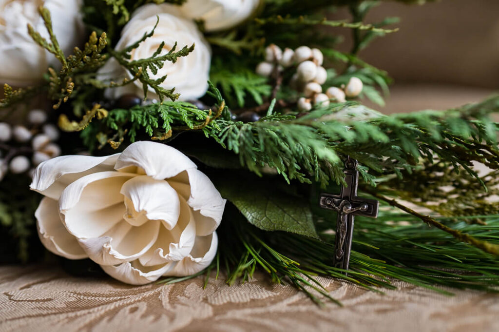 Bridal Bouquette with a cross attached to it